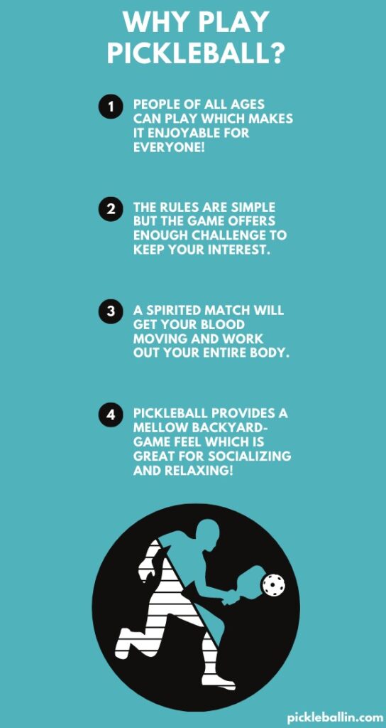 Why Play Pickleball? This infographic highlights the top 4 reasons why people should play pickleball.