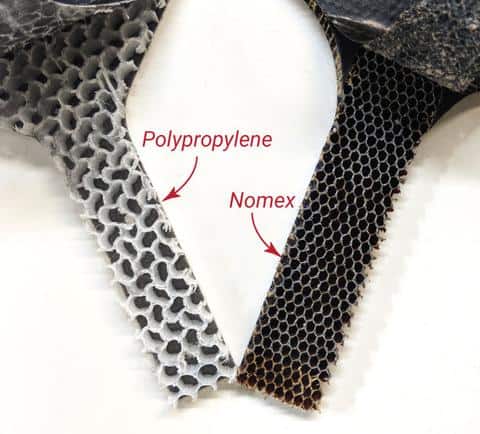 Onix Pickleball: This is an image of common pickleball paddle core materials next to each other, those materials are Polypropylene and Nomex.